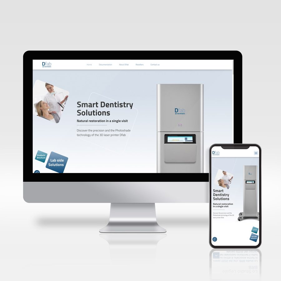 Dfab website on a monitor and smartphone: "Smart Dentistry Solutions" homepage featuring the dental device