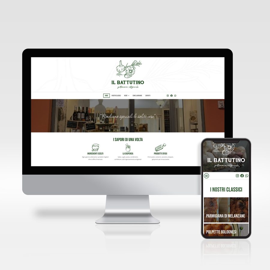 Il Battutino restaurant website on a monitor and smartphone: green logo and a photo of the dining room