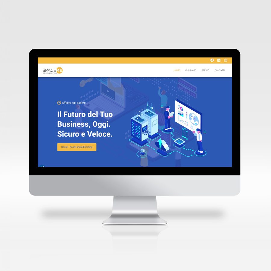 SpaceME website on a monitor: blue server illustration and the headline "Il Futuro del Tuo Business, Oggi. Sicuro e Veloce."