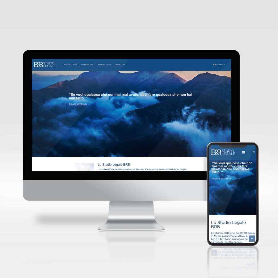 Studio Legale BRB law firm website on a monitor and smartphone: homepage with mountains above the clouds and the firm's logo